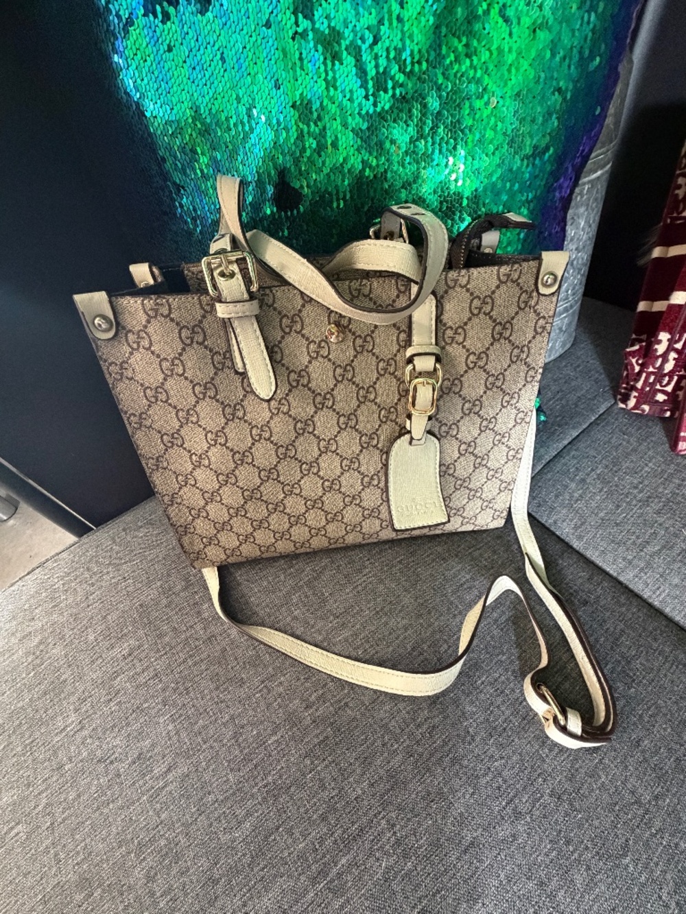 Gucci GG Canvas Tote Bag Crossbody Cream Leather Trim Shoulder Bag